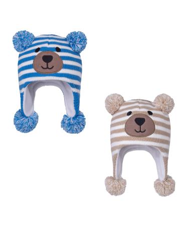 LANGZHEN Toddler Kids Infant Winter Hat Earflap Knit Warm Cap Fleece Lined Beanie for Baby Boys Girls 1-2 Years Bear -Blue Stripe+bear -Beige Stripe