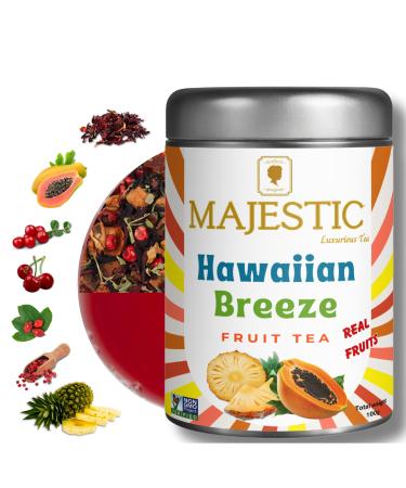 Majestic Tea_ HAWAIIAN BREEZE | Fruit Tea | Summer Refresher | Premium Loose Fruit Tea | Caffeine Free 100%| No Sugar Added Sweetened By Organic Stevia Leaf | Natural Ingredients | Tasty Either Hot or Iced | Brews Up to 35 Cups | 100g Fruit Tea.