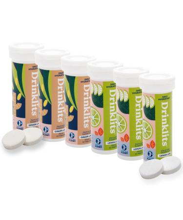 Drinklits Ginger Lime & Lemon Lime Fizzy Electrolyte Sports Drink Tablets (6) Tube Bundle | Natural Flavors - 0g Sugar Summer Travel Essential | 60 Servings - 10 Tablets Per Tube