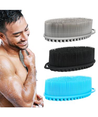 Silicone Loofah Exfoliating Silicone Body Scrubber Set of 3 Soft Body Exfoliator Bath Sponge Shower Loofah Scrubber Brush for Sensitive Kids Women Men All Kinds of Skin (Silicone-Black/Gray/Blue)