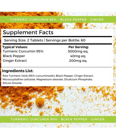 Turmeric Tablets 5000mg with Black Pepper & Ginger | 120 High Strength Curcumin Supplements - Vegan & Gluten Free - Buy Online on GoSupps.com