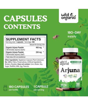 Wild & Organic Arjuna Bark Capsules - Overall Support - Arjuna Powder Supplement - 180 Herbal Capsules - 6-Month Supply - Terminalia Bark & Leaf Extract - Vegan No Fillers Non-GMO 180 Count (Pack of 1) - Buy Online on GoSupps.com