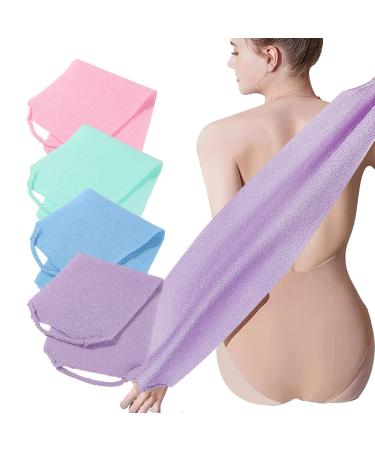 4 Pack Exfoliating Body Scrubber with Handles Nylon Exfoliating Cloth Extended Length Back Scrubber Stretchable Pull Strap Shower Back Scrubber for Shower for Women&Men(4 Pack-Green+Blue+Purple+Pink)