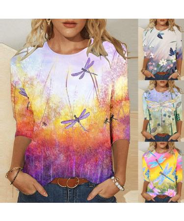 2024 Women's 3/4 Length Sleeve Casual Summer Blouses | Floral Printed Crewneck Tops - Loose Fit Pullover - Buy Online on GoSupps.com
