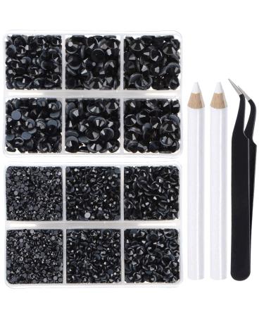 LPBeads 6400 Pieces Hotfix Rhinestones Black Flat Back 5 Mixed Sizes Crystal Round Glass Gems with Tweezers and Picking Rhinestones Pen Mix SS6-SS30 Black