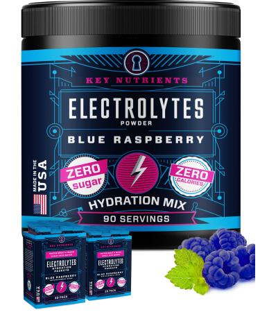 KEY NUTRIENTS Electrolytes Powder No Sugar - Delicious Blue Raspberry Electrolyte Drink Mix - Hydration Powder - No Calories Gluten Free - Powder and Packets (20 40 or 90 Servings) Blue Raspberry 90 Servings