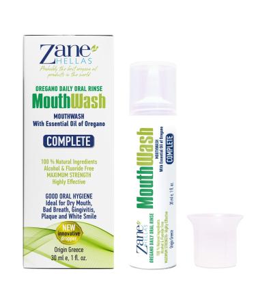 Zane Hellas MouthWash. Oral Rinse with Oregano Oil Power. Ideal for Gingivitis  Plaque  Dry Mouth  and Bad Breath. Alcohol and Fluoride Free. 100% Herbal Solution. 1 fl.oz.-30ml.