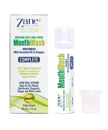 Zane Hellas Mouthwash Oral rinse with Oregano Oil Power Ideal for gingivitis plaque dry mouth and bad breath Alcohol and fluoride free 100 herbal solution 1 fl oz 30 ml