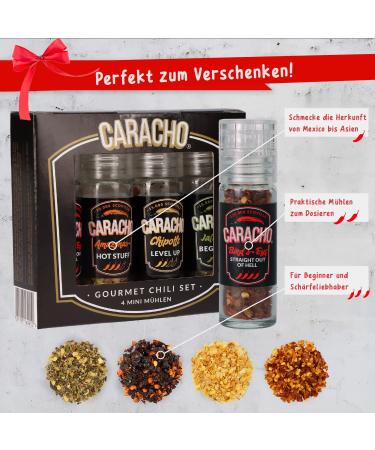 Caracho Chili M hlen Gourmet Set - 4 Mini Mills Gift Set with High-Quality Chili Flakes & Varied Sharpness - Perfect for Spice Lovers - Buy Online on GoSupps.com