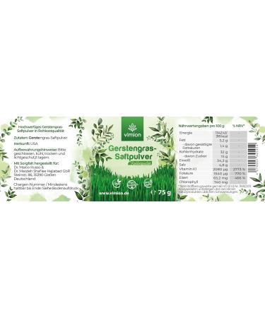 Vimion Pure Barley Grass Juice Powder - Premium Raw Vegan Superfood Rich in Iron & Vitamins (75g) - Buy Online on GoSupps.com
