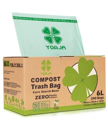 YORJA 1.6 Gallon Compost Trash Bags 240 Food Scrap Bags, Biodegradable Kitchen Waste Bags with US BPI & Europe EN13432 Certified 1.6 Gallon, 240 Count