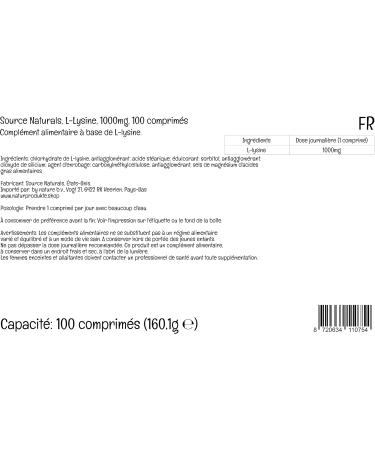 Premium Vital L-Lysine 1000mg - 100 Vegan Tablets | Source Naturals | Gluten-Free Soybean-Free Amino Acid Supplement - Buy Online on GoSupps.com
