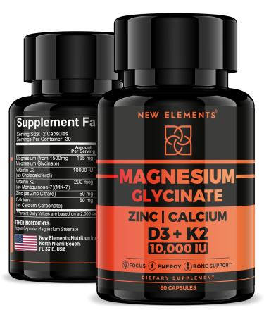 Magnesium Glycinate 1500mg with Vitamin D3 K2 + Zinc & Calcium | D3 10 000 IU | K2 200mcg | Calcium 50mg | Zinc 50mg | Bone Muscle & Immune Support for Women & Men - Vegan - Non-GMO