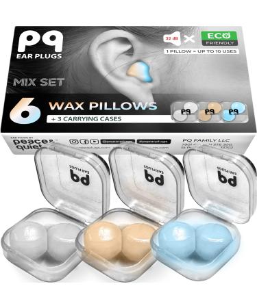 PQ Wax Ear Plugs for Sleep - 6 Silicone Wax Earplugs for Sleeping and Swimming - Gel Ear Plugs for Noise Cancelling Wax Plugs Protect Ears While Sleeping with Sound Blocking 32 Db (6-Pillows) Mixed Multi-colored 6 Count (Pack of 1)