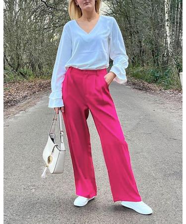 Vetinee High Waisted Wide Leg Dress Pants for Women - Magenta, Size L | Business Office Trousers with Pockets - Buy Online on GoSupps.com