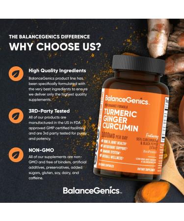 BalanceGenics Turmeric Curcumin Supplement with Black Pepper & Ginger Root 1000mg | Optimized Formula 95% Curcuminoids Curcuma | Joint Health & Inflammation Support | 60 Capsules Powder Filled - Buy Online on GoSupps.com