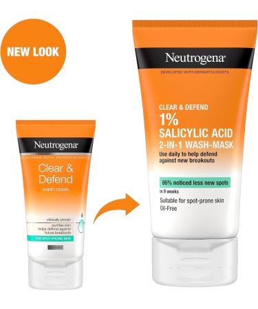 Neutrogena Clear & Defend 2 in 1 Wash-Mask (1x 150ml) Purifying Face Wash and Clay Mask for Oily Spot-Prone Skin Face Wash Mask with 1% Salicylic Acid for Clearer Skin and to Help Prevent Breakouts - Buy Online on GoSupps.com