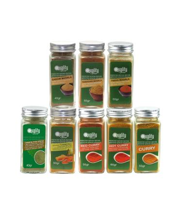 Masala Spice Pack. Ideal for gifts and everyday use. 8 glass jars, reusable, 5 Chinese spices, sweet hot and red curry, Garam