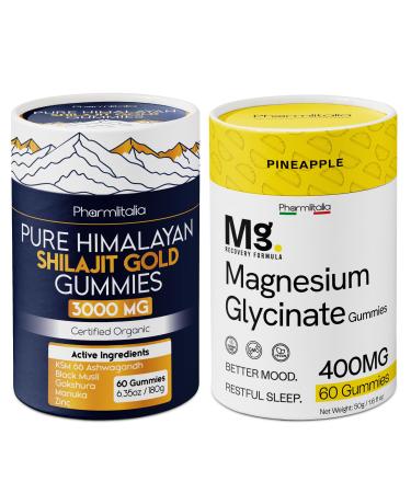 Magnesium Glycinate & Pure Himalayan Shilajit Gummies Bundle Sleep Muscle Recovery & Energy High Absorption Magnesium 400mg + Gold Shilajit with Ashwagandha for Strength & Vitality 2 x 60 Count