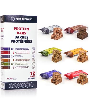 PURI SUDDHA Protein Bars Variety Pack (Pack of 12) High Protein Snacks No Added Sugar Assorted Energy Bars in Family Package 600 g