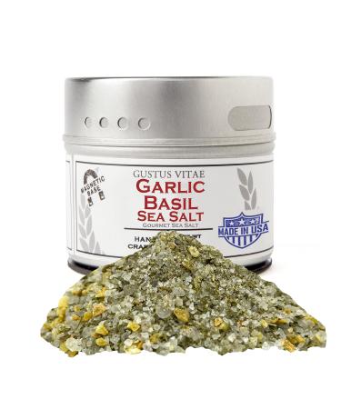 Gustus Vitae - Garlic Basil Sea Salt - Non GMO - Magnetic Tin - 2.5 Ounce - Authentic Gourmet Seasoning & Craft Spice Blend - Crafted in Small Batches