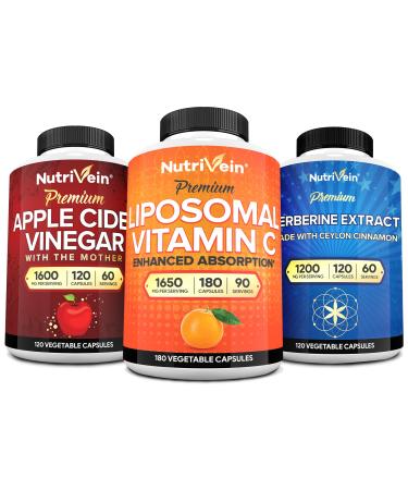 Nutrivein Premium Berberine, Apple Cider Vinegar, & Liposomal Vitamin C Supplement Bundle: High-Absorption Vitamin C Capsules, ACV Capsules, & Berberine Supplement for Wellness & Immunity