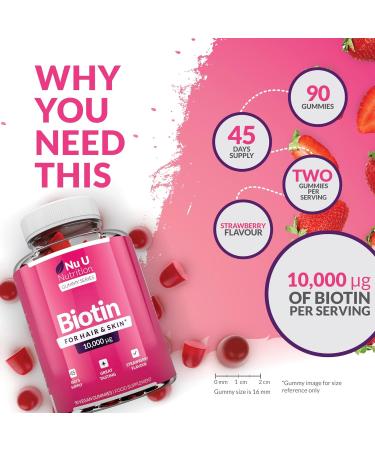 Biotin Hair Gummies 10,000mcg - 90 Vegan Gummies - Strawberry Flavour - Supports Hair Growth & Healthy Skin - Chewable Hair Vitamins - Buy Online on GoSupps.com