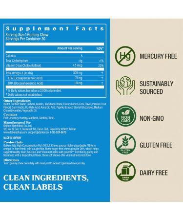 DAIKEN Kids High-Concentration Omega-3 Fish Oil Gummies No Sugar Added Individually Wrapped 300 mg DHA & EPA with Vitamin D3 30 Count Tropical Fruit Flavor Norwegian Sourced (Pack of 2) 30 Count (Pack of 2) - Buy Online on GoSupps.com