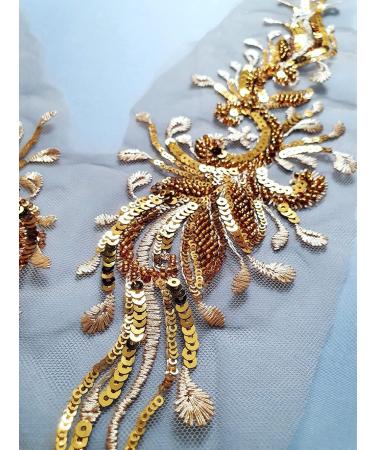 Handmade Gold Glass Beads Applique for Evening Dress - Luxury Beading Lace Fabric Patch - Buy Online on GoSupps.com