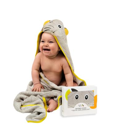 JM Organic Bamboo Hooded Baby Towel for Kids & Babies - 35"x35" Hypoallergenic Absorbent - Perfect Baby Gift Newborn Essentials with Washcloth & Laundry Bag - Happy Elephant