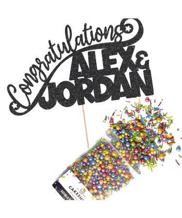 Cakeshop Cake Decoration Pack | Congratulations Wedding Premium Double Sided Glitter Card Cake Topper & 25g Party Pack of Cake Sugar Sprinkles for your Celebration | Custom Name Cake Decoration Black Prime Glitter Card: Black