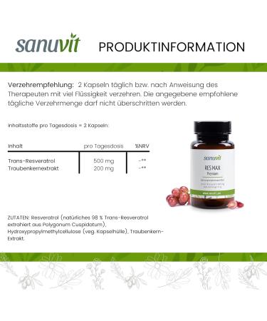 Sanuvit Res-Max Premium | Japanese Kn terich Extract | Trans-Resveratrol & Grape Seed | High Bioavailability | Vegan | 90 Capsules - International Shipping Available - Buy Online on GoSupps.com