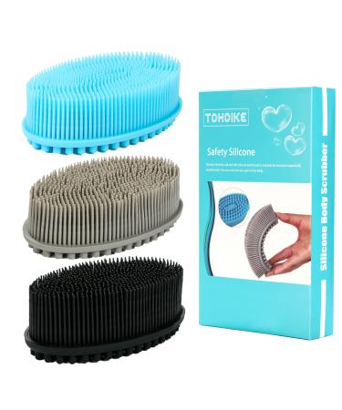 Silicone Body Scrubber Loofah - Set of 3 Soft Exfoliating Body Bath Shower Scrubber Loofsh Brush for Sensitive Kids Women Men All Kinds of Skin(Black/Gray/Blue) Silicone2-Black/Gray/Blue
