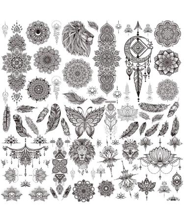 GAJIMiX 80pcs Black Temporary Tattoos for Women Mandala Henna Sexy Mysterious Long Lasting Tattoo Stickers Flower Fake Tattoos 9 Sheets