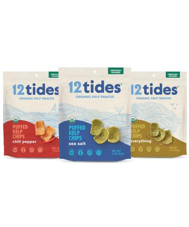 12 Tides Organic Puffed Kelp Chips - Plant Based Seaweed Chips, Non GMO, Gluten Free, No Added Sugar, Sea Vegetable Chips, Variety, 3 count