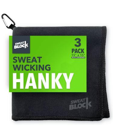 Sweat Absorbing Microfiber Handkerchief for Wicking Sweat from Hands, Face, Forehead, & Body. Soft, Sporty Sweat Towel, Neck Sweat Rag, Tactical Handkerchief. 15x15 inches w/ Carabiner (3 Pack, Black) 15 x 15 inches