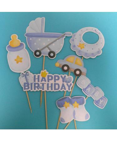 GORWERY 7pcs Happy Birthday Cake Toppers Blue Baby Shower Cupcake Picks Appetizers Cake Dessert Decorations for Baby One Month Hundred Days Boy 1st Birthday Party - Buy Online on GoSupps.com