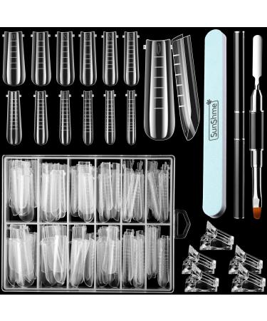 120 Pieces Dual Nail Forms Set Gel Nail Mold Extension Forms Coffin Nail Gel Forms for Acrylic Nails with 12 Sizes Scale and Nail Clips Gel Brush Pen 600/3000 Grit Nail Buffer Clear