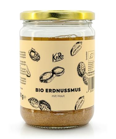 KoRo - Organic Peanut Butter with Skin 500g - Particularly Intense - 100% Roasted Peanuts - No Added Sugar