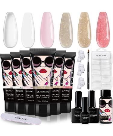 Morovan Poly Gel Nail Kit Poly Extension Nail Gel All In One Kit with Slip Solution Glitter Color Changing Poly Gel Nail French Nail Art Equitment DIY Poly Gel Kits for Starter Professional (6 Colors White Pink Glitter)