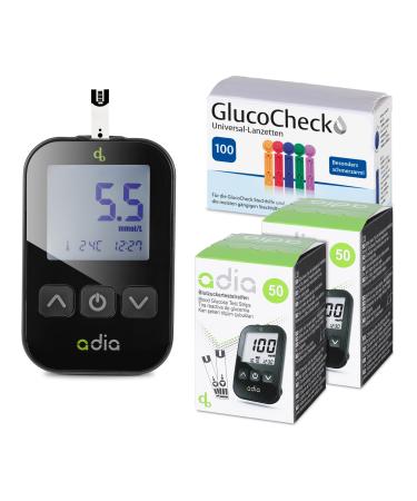Adia Maxi-Sparset for blood sugar self-control for diabetes: Adia blood sugar measuring device (MMOL/L) + 110 test strips + 110 lanzettes + stinging help + pocket mmol/l + 110 ts + 110 lanz