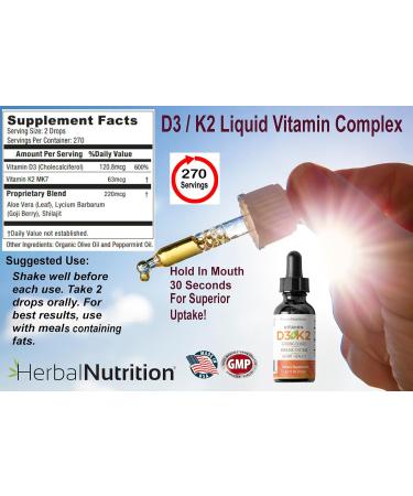 Herbal Nutrition Organic Vitamin D3 K2 Drops 5000 IU D3 + 63mcg MK7 K2 270 Servings, Vegan, Liquid Supplement Superior Delivery Bone, Heart, Immune & Mood Support Peppermint Flavor 1 - Buy Online on GoSupps.com