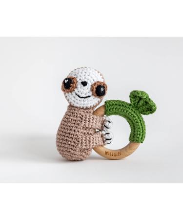 Wabi Kids Animal Friends- Crochet Teether Happy Sloth Toy  Wood Ring Cotton Rattle Shaker All Natural Sensory Friendly Early Development Handmade Heirloom Quality