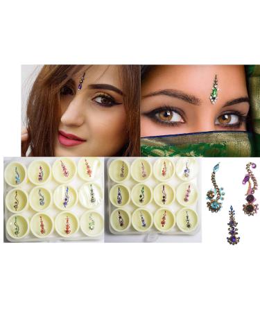 IS4A Long Multicolored Crystal Bindis Tattoo Stickers Adhesive Body Jewelry Multi Size Forehead Indian Daily Use Bindi (Set of 60)