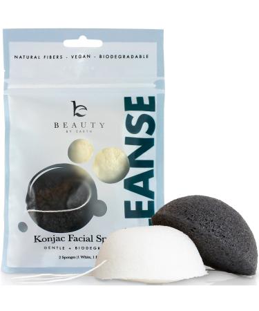 Konjac Sponge - 2 Pack of Natural Facial Sponges for Gentle Cleansing and Face Exfoliating Loofah for Use with Wash Cleanser or Oil to Clean Skin (1 White Natural 1 Black Charcoal) 1 set - Buy Online on GoSupps.com