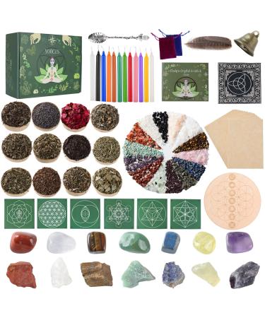 Witchcraft Supplies Kits 84 Packs with Chakra Crystals Healing Stones Mini Gemstones Dried Herbs Chakra Crystal Grids Colored Magic Candles Parchments for Beginners and Experienced Witches Accessories 84 Pcs