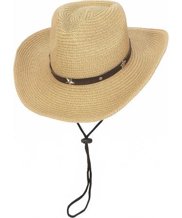 Khaki Straw Cowboy Cowgirl Hat with Wide Brim Sun Protection - Men Women Western Style - Buy Online on GoSupps.com