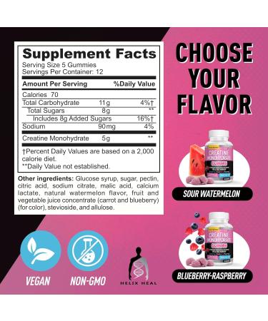 Helix Heal Creatine Monohydrate Gummies - 5g per Serving Vegan Non-GMO Strength Power & Recovery Support No Scoops or Mess Pre & Post Workout 60 Count Watermelon Flavor - Buy Online on GoSupps.com