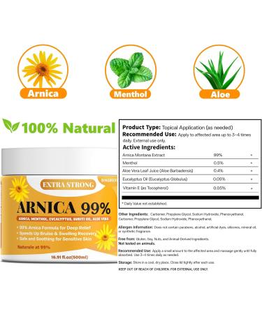 Bingbrofam Arnica Cream 99% Extra Strength Gel Pain Relief for Fast Healing Thin Skin Seniors Bruises with Menthol Swelling Soothing Massage 16.9 Oz - Buy Online on GoSupps.com