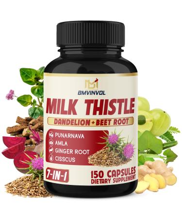 BMVINVOL Milk Thistle Capsules with Beet Root Punarnava Amla Ginger Dandelion Cissus - 150 Count - 5 Month Supply